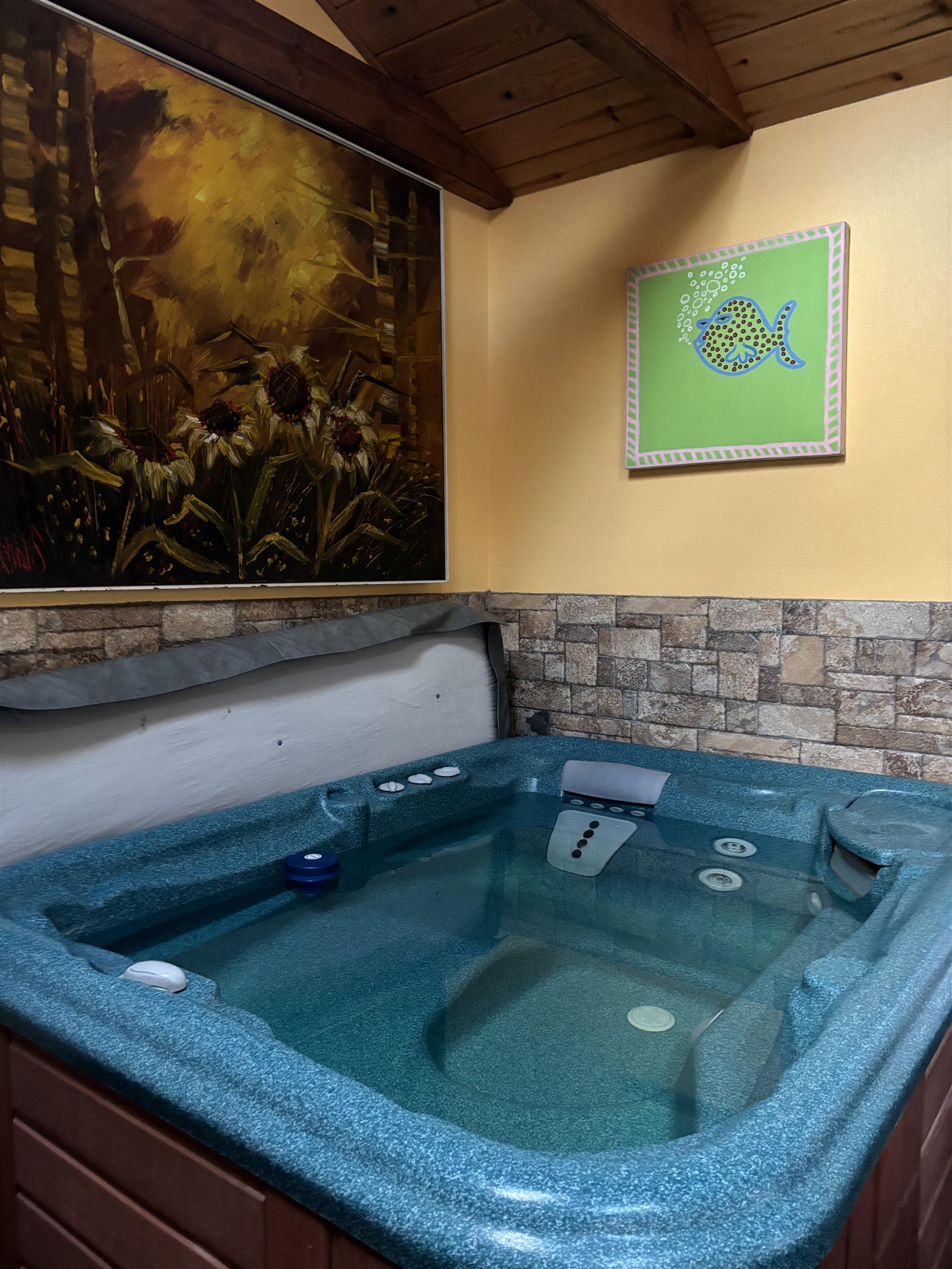 129 Sunny Slopes Road Mammoth Lakes, CA 93546 - Photo 9 of 16 Detailed view of a jacuzzi and a wooden ceiling with exposed beams