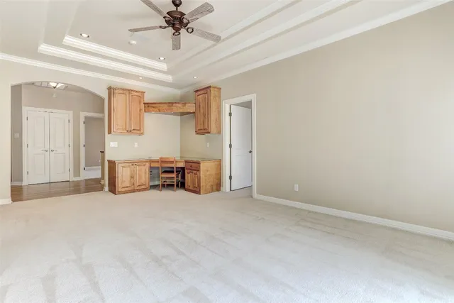 a view of a park with large trees