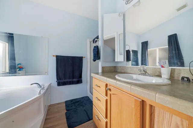 a bathroom with a bathtub sink and mirror