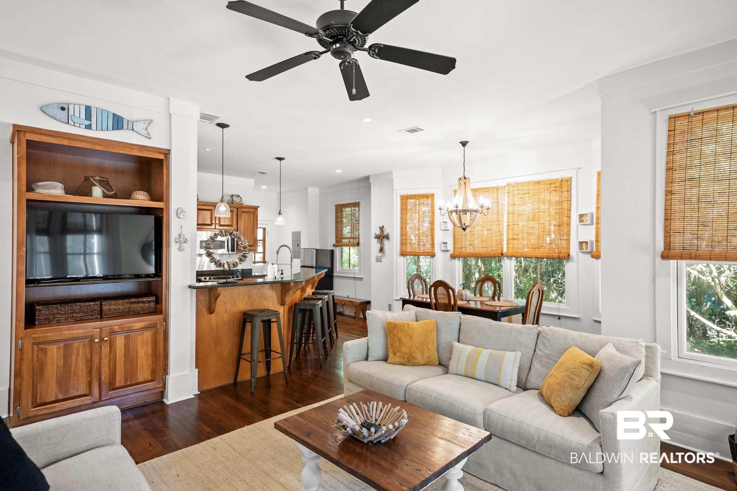 25773 Canal Road, Unit 28 Orange Beach, AL 36561 - Photo 7 of 48 Living room with dark wood-style flooring, a chandelier, ceiling fan, and recessed lighting