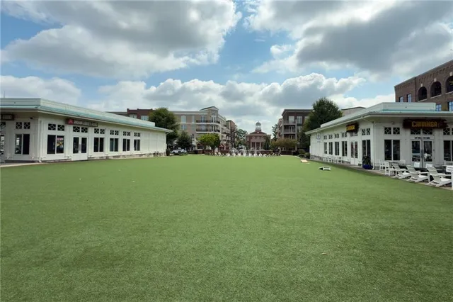 an aerial view of a swimming pool