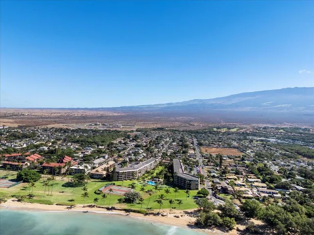 an aerial view of a house with a garden