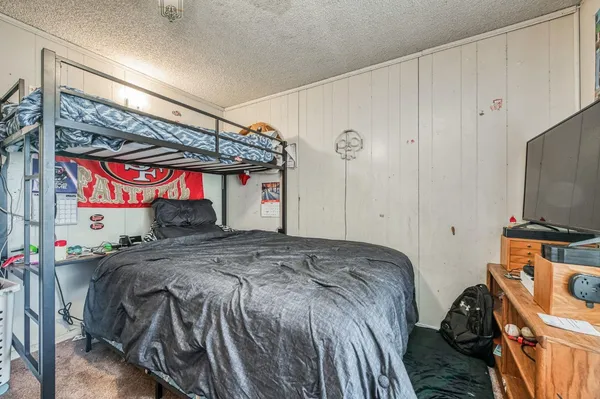 a bedroom with a bed and a flat tv screen