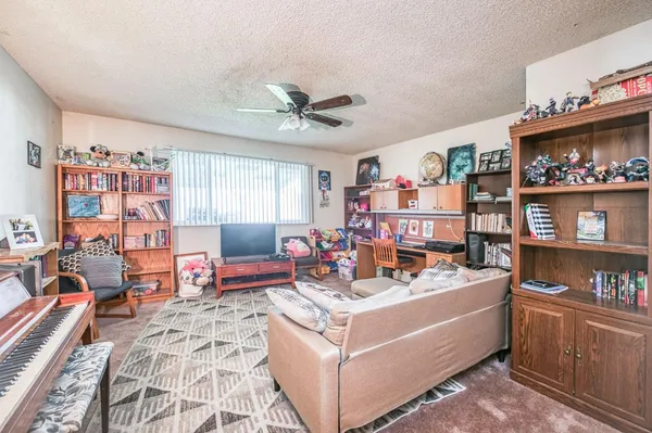 a living room with furniture a rug and a bookshelf
