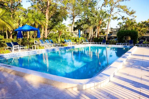 a view of a swimming pool with a lounge chairs