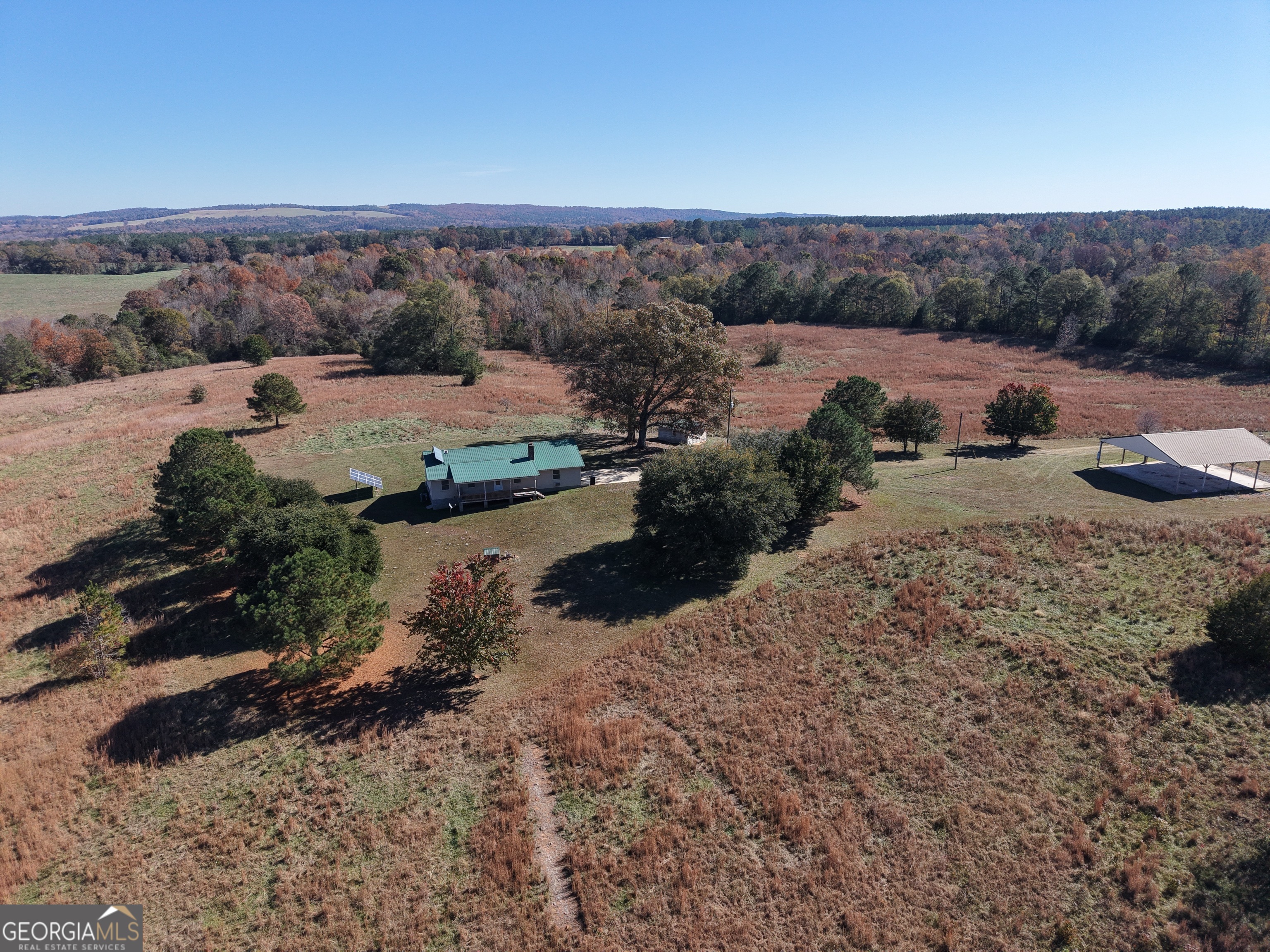 a view of a dry yard with trees