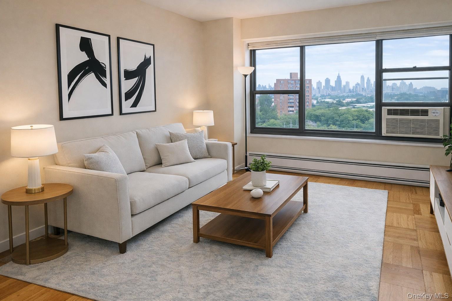 21-20 33rd Road, Unit 10B Queens, NY 11106 - Photo 3 of 17 a living room with furniture and a floor to ceiling window