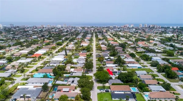 an aerial view of residential building and city