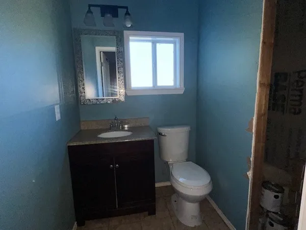 a bathroom with a toilet sink vanity and mirror