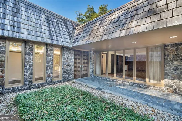 a view of an entrance door of the building