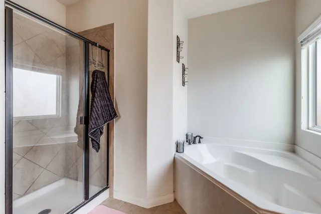 a bathroom with a tub and a shower