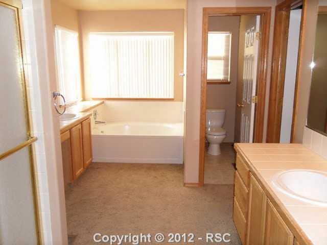 12336 Snaffle Bit Road Peyton, CO 80831 - Photo 6 of 8 Master bath provides a daily spa experience with two vanities, free-standing shower and oval soaking tub.