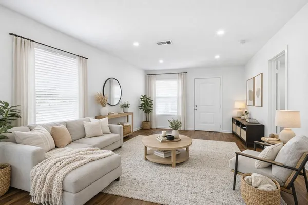 a living room with furniture and a large window