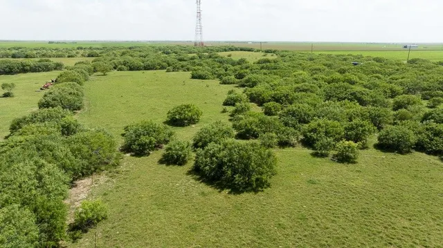 an aerial view of a houses with yard and lake view