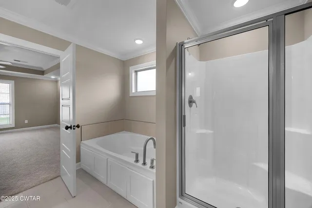 a bathroom with a bathtub and a shower