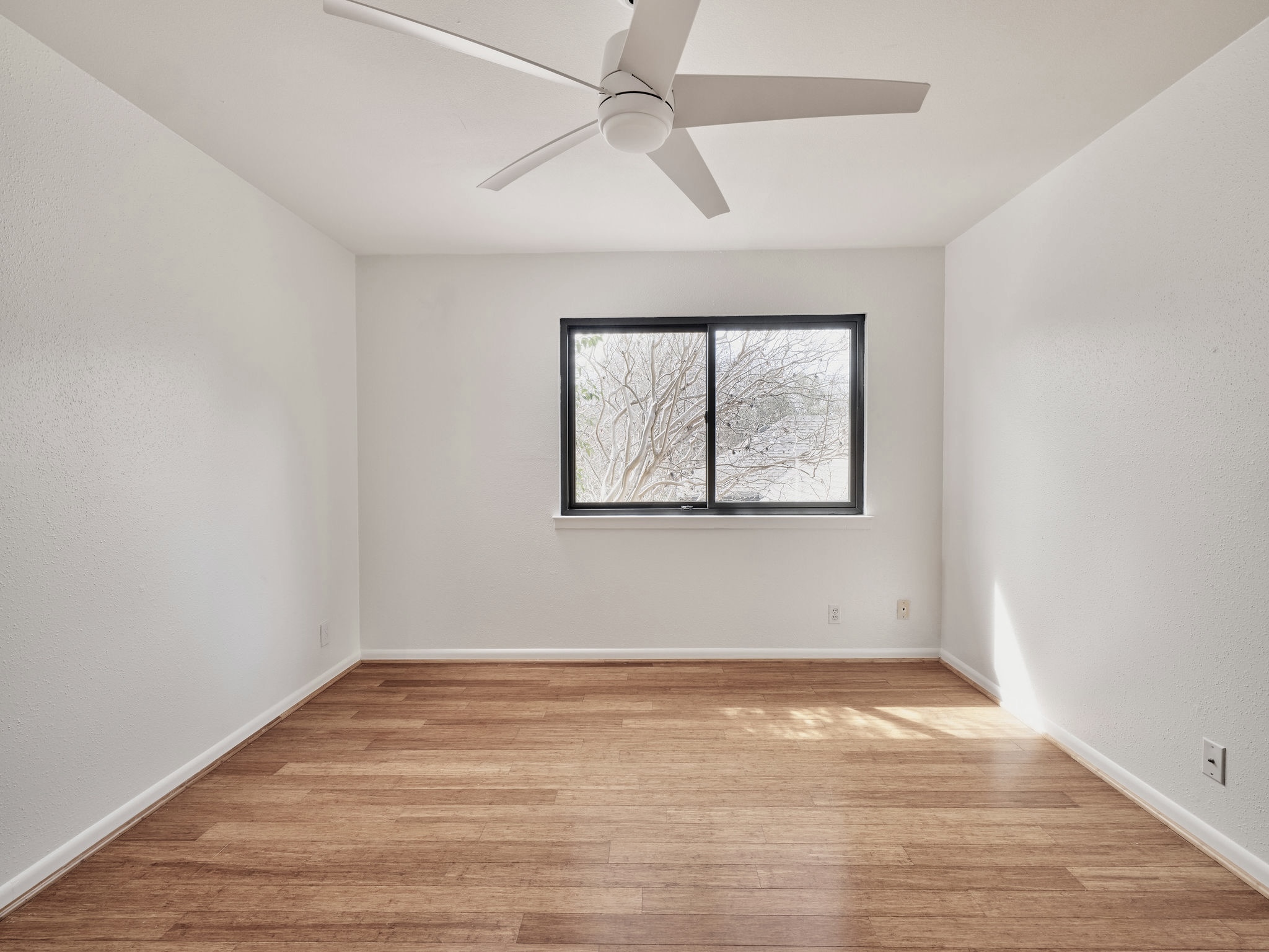 3416 Pecos Street, Unit B Austin, TX 78703 - Photo 19 of 23 Unfurnished room featuring a ceiling fan, light wood-style floors, and a textured wall