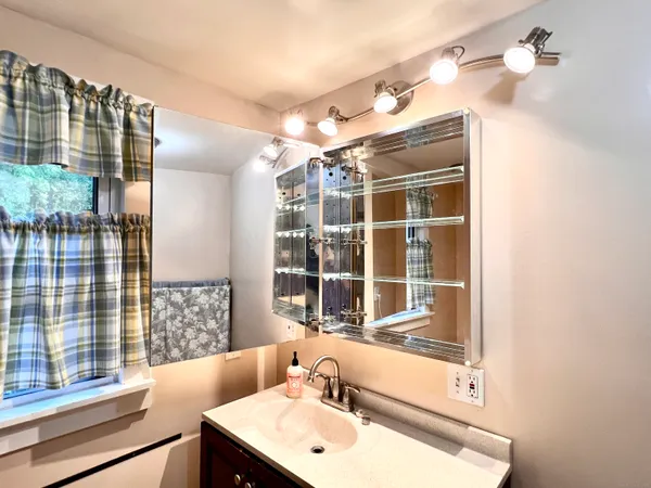 a bathroom with a sink double vanity and shower