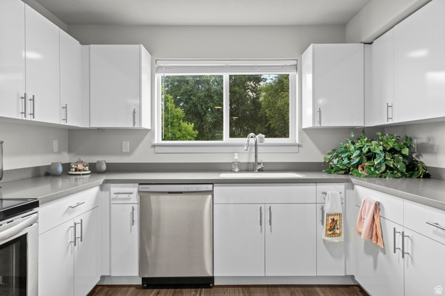 64 West 600 South, Unit C205 Springville, UT 84663 - Photo 13 of 23 Modern kitchen featuring crisp white cabinetry with stainless steel hardware, a stainless steel dishwasher, and a polished undermount sink