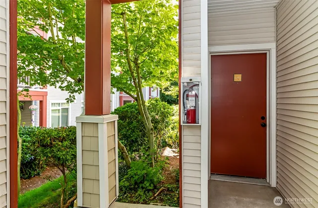 a view of a door and a tree in front of a house