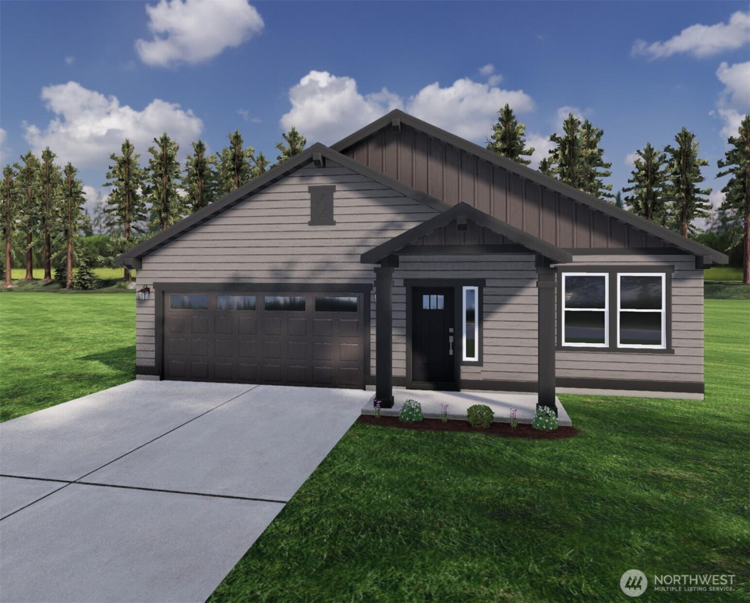 a front view of a house with a garden and yard