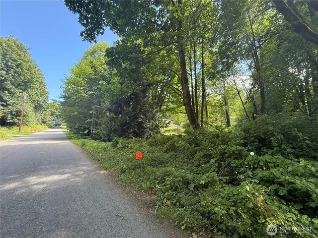 a view of a street with trees and bushes