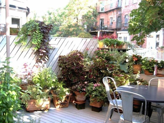 a table with potted plants and wooden fence
