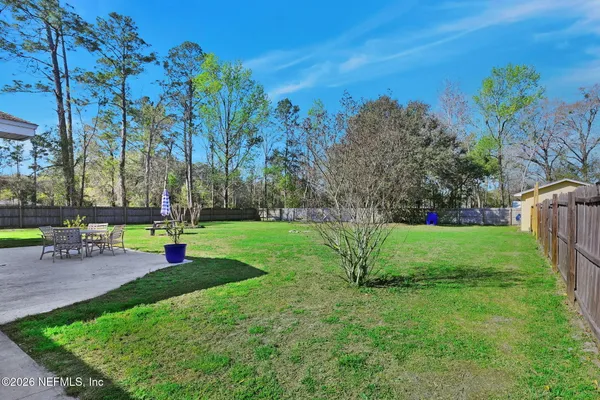 a view of a park with large trees