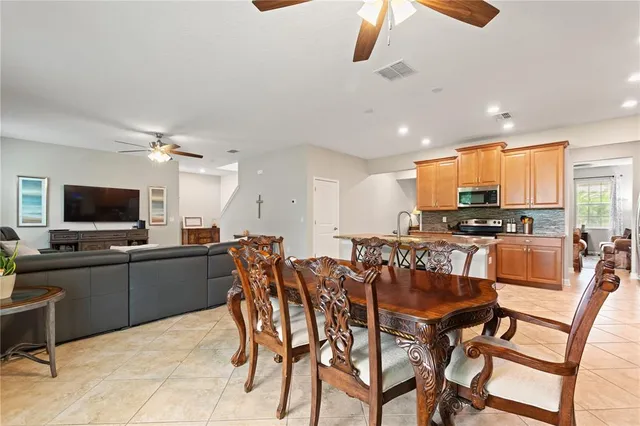 a view of a dining room with furniture