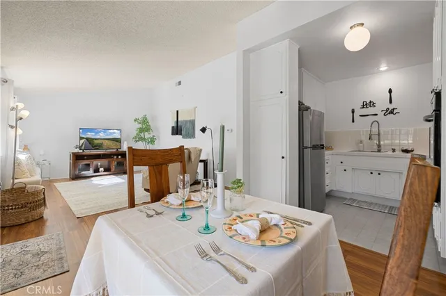 a view of a dining room with furniture
