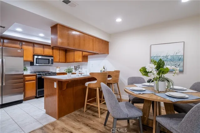 a view of a dining room with furniture