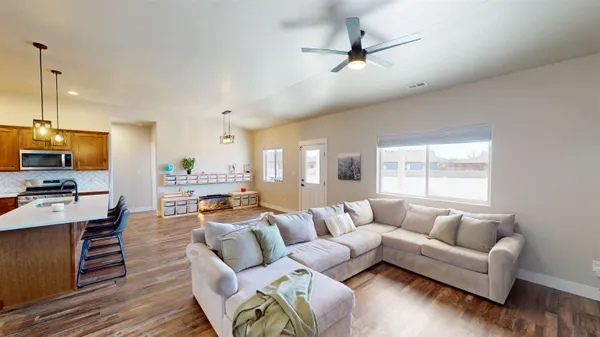 a view of a dining room with furniture