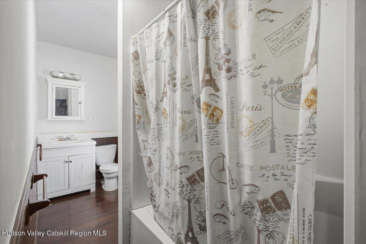 97 Maple Avenue Catskill, NY 12414 - Photo 17 of 27 a bathroom with a granite countertop sink a toilet and shower