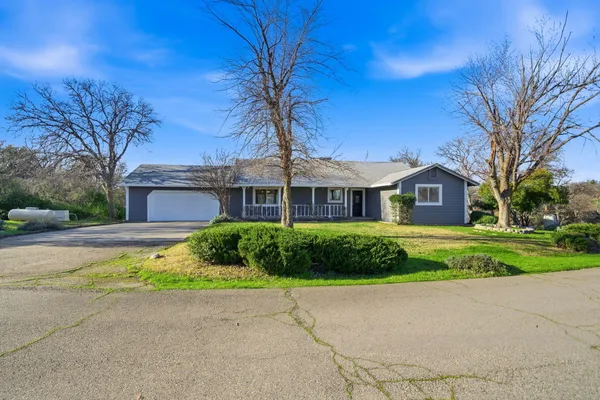 a front view of house with yard and green space