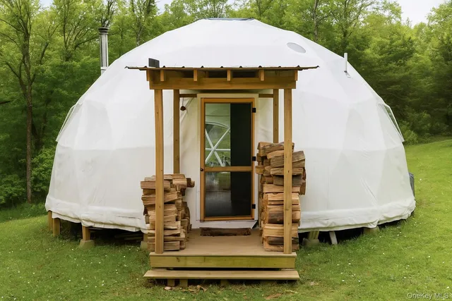 a view of a garden with a slide