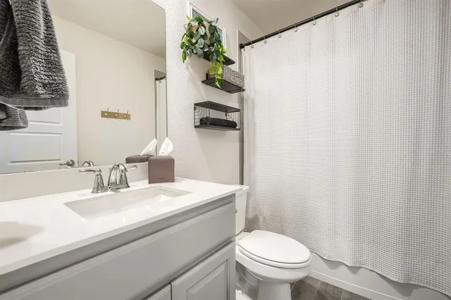 a bathroom with a sink a toilet and shower curtain