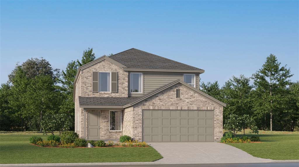 Two-story residence featuring a combination brick and siding facade, a front-facing garage, and a covered entry
