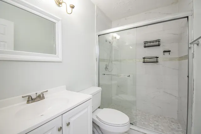 a bathroom with a sink toilet and mirror