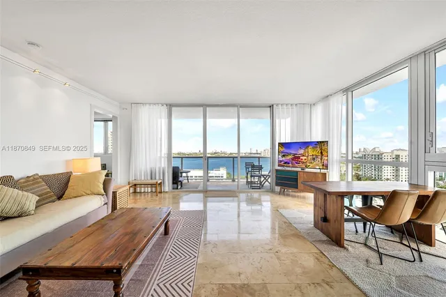 a living room with furniture and a large window