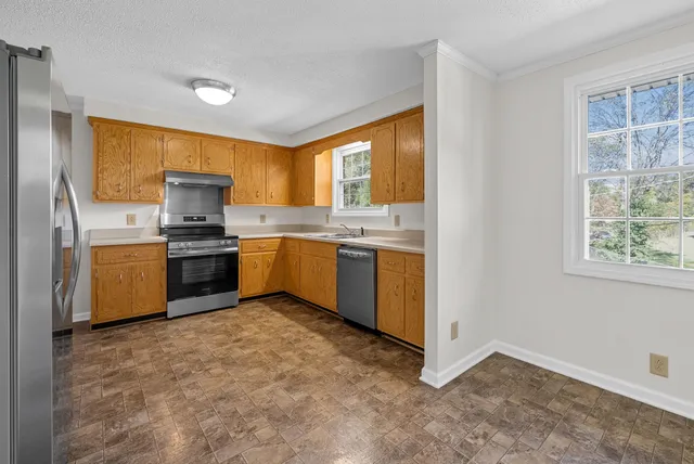 a kitchen with a stove a sink dishwasher a refrigerator and cabinets