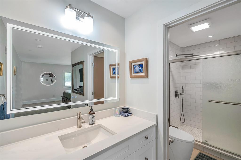 29147 Bay Hollow Drive, Unit 3224 Wesley Chapel, FL 33543 - Photo 37 of 89 a bathroom with a shower sink vanity and mirror