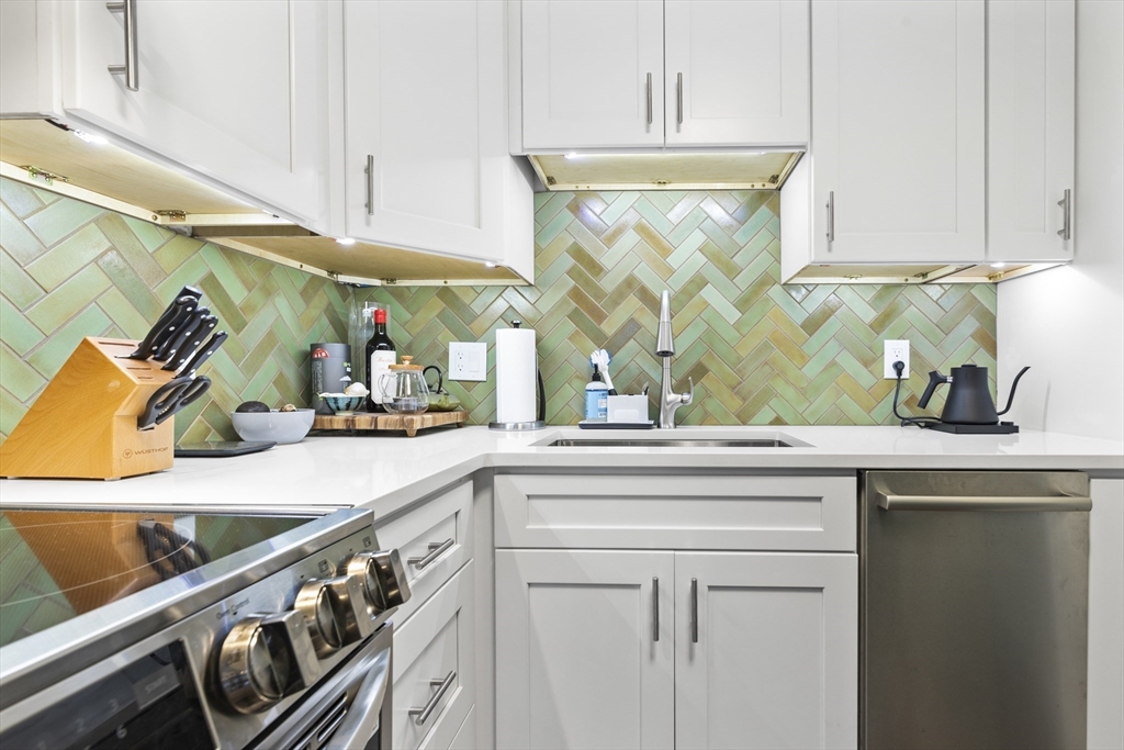 30 Stearns Road, Unit 201 Brookline, MA 02446 - Photo 8 of 29 a kitchen with stainless steel appliances a sink a stove and cabinets