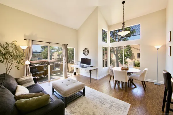 a living room with furniture a fireplace and a floor to ceiling window