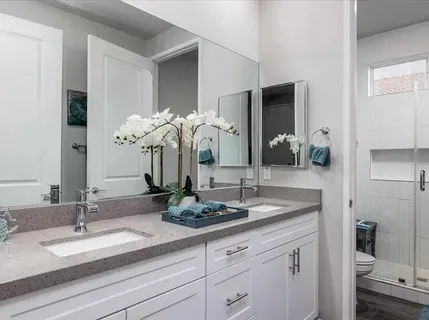 a bathroom with a sink a vanity and a mirror