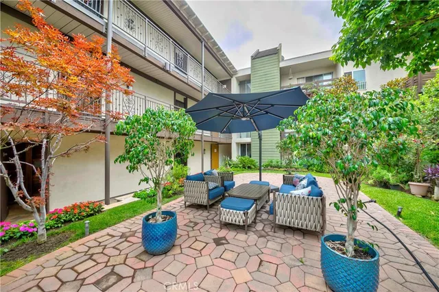 a view of a patio with chairs and plants