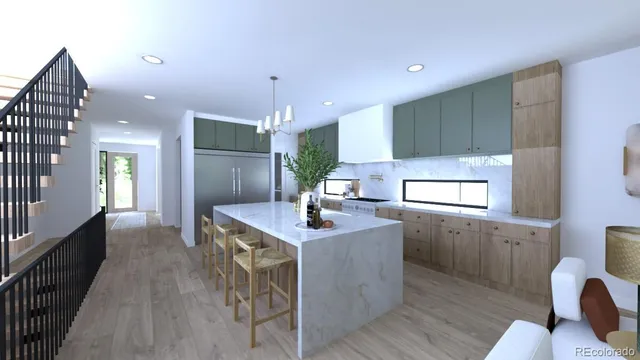 a kitchen with kitchen island stainless steel appliances a sink stove and cabinets