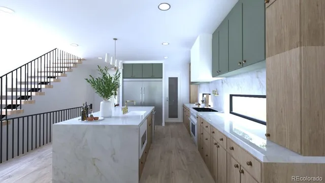 a kitchen with stainless steel appliances kitchen island granite countertop a stove a sink and a refrigerator