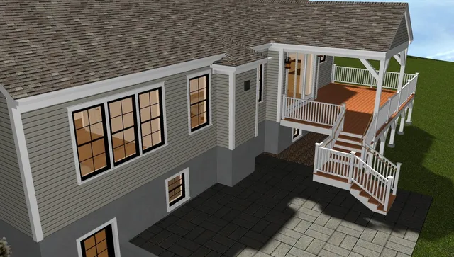 a view of a house with wooden deck