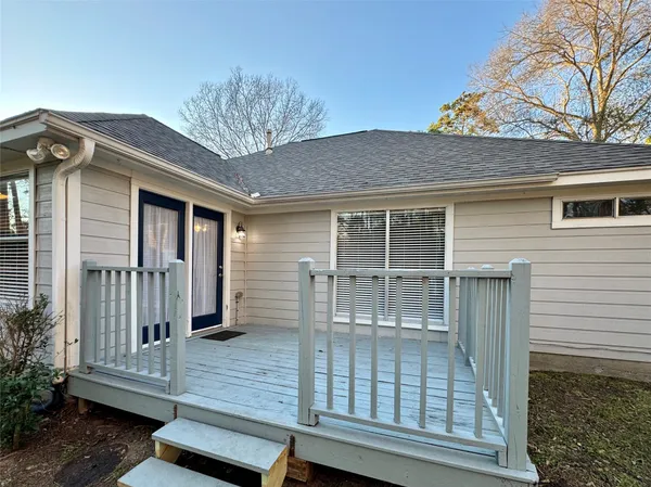 a porch with seating space