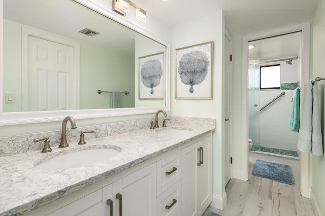 a bathroom with a granite countertop sink mirror and double