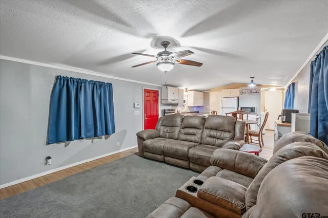 a living room with furniture and a ceiling fan